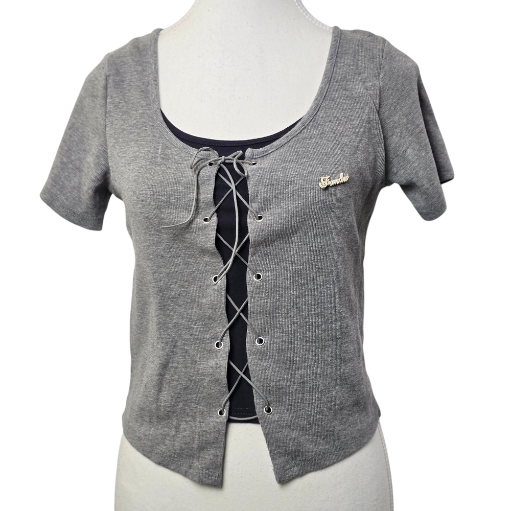 Sandro Paris Gray Lace-Up Cropped Shirt Women’s Short Sleeve Designer Top